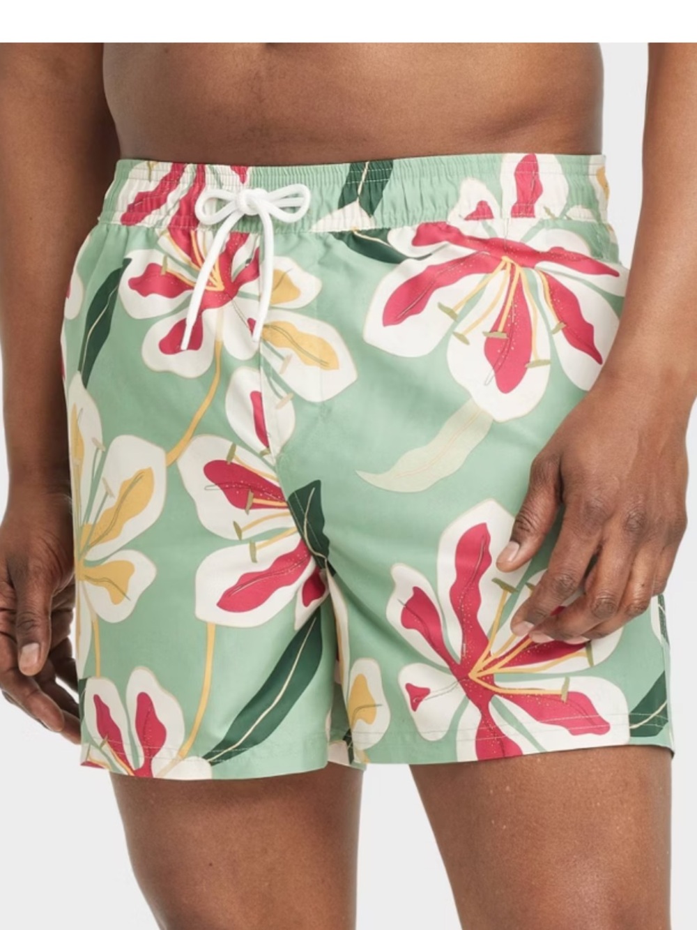 Original Use Green Floral Swim Trunks with Red & White Accents